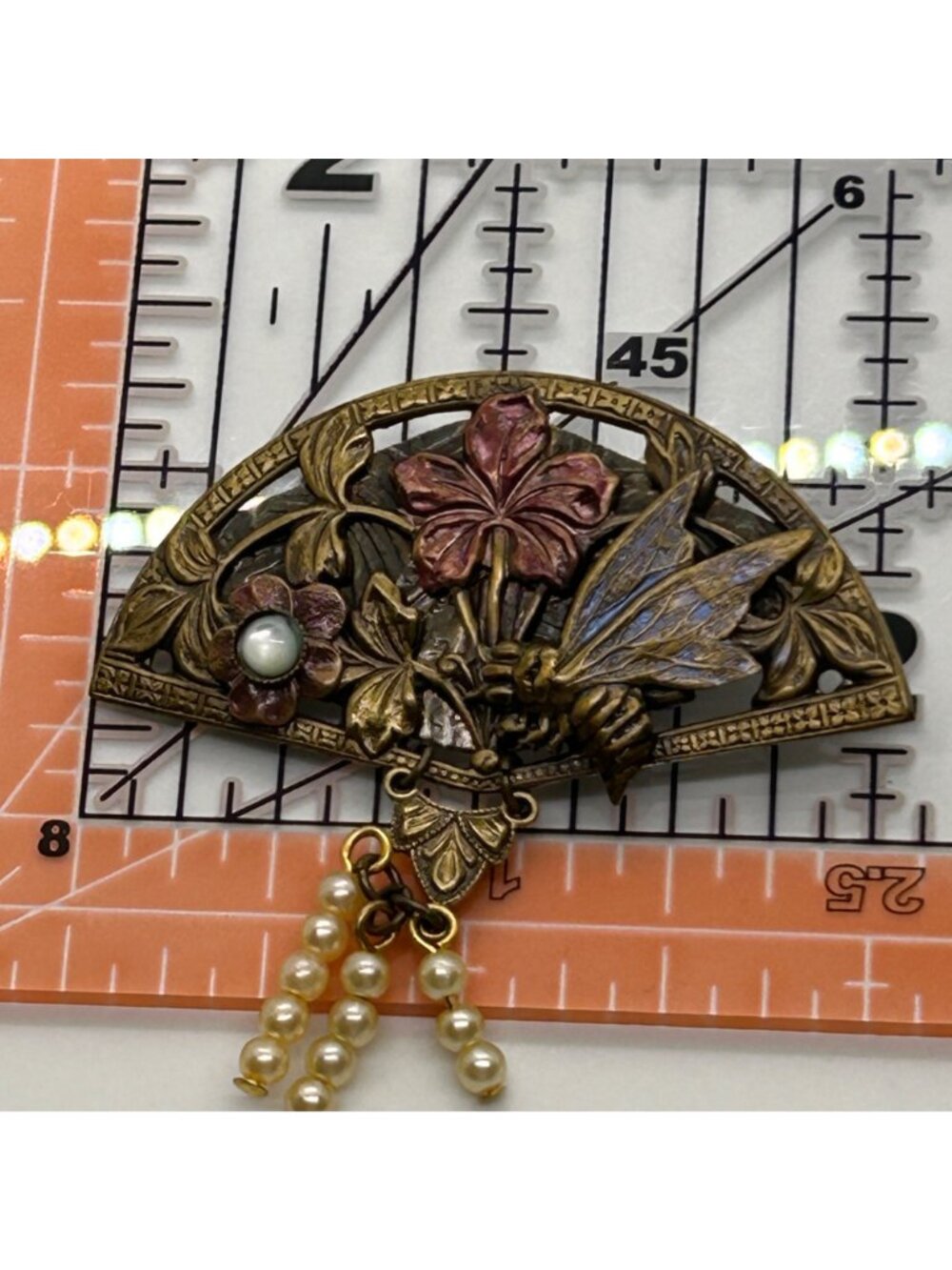 Vintage Art Nouveau Revival Brass Fan Brooch Enamel Bee Faux Pearl Dangles - Picture 13 of 13
